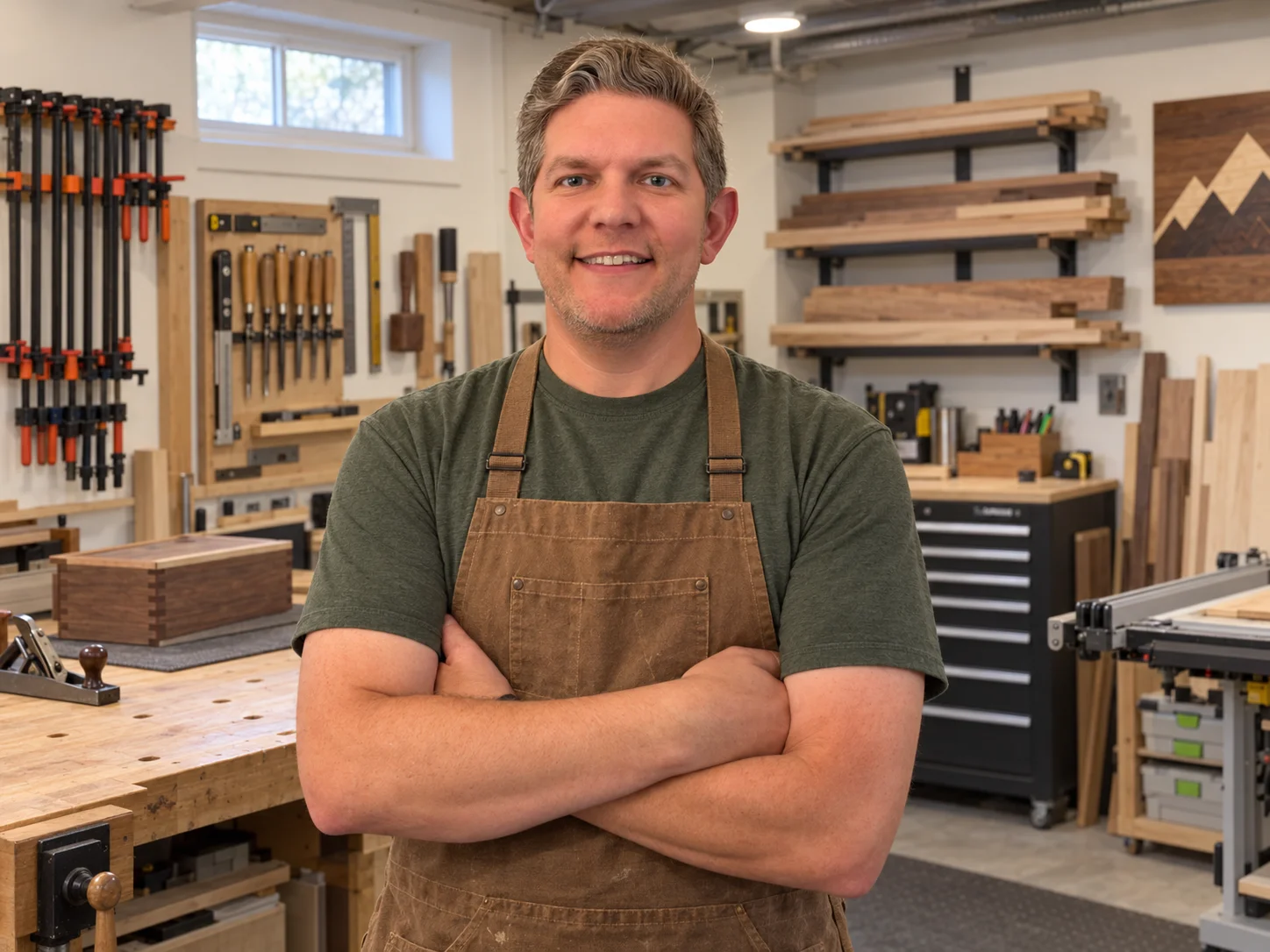 Crown Mountain Woodworks owner smiling in a tidy woodworking workshop, wearing a moss-green shirt and brown apron